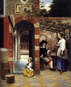 Figuras bebiendo en un patio género Pieter de Hooch Pinturas al óleo